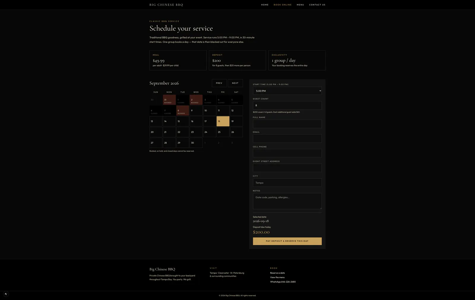 Big Chinese BBQ online booking page with calendar, guest details, and deposit payment