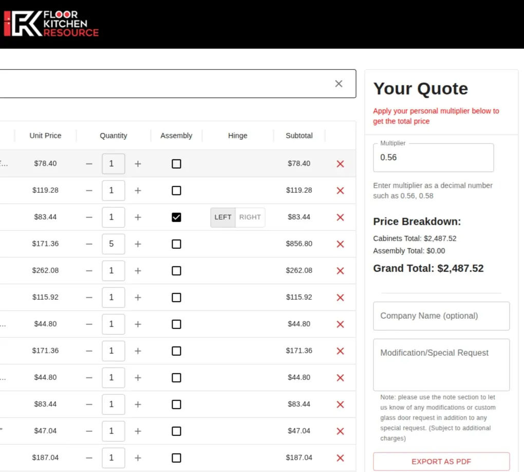 Floor & Kitchen Resource custom quoting system interface